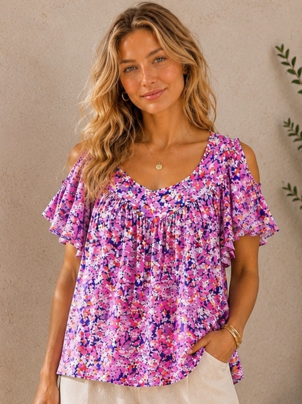 Maeve Anthropologie Floral Flutter Sleeve Boho Blouse Top Pink Purple Size Small